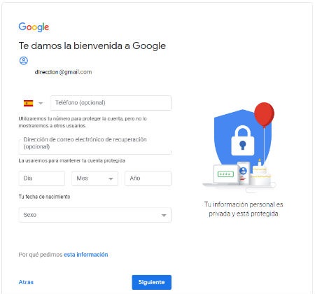 Fecha de nacimiento y sexo gmail