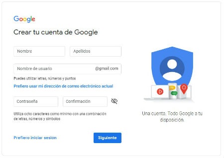 Rellenar datos cuenta gmail